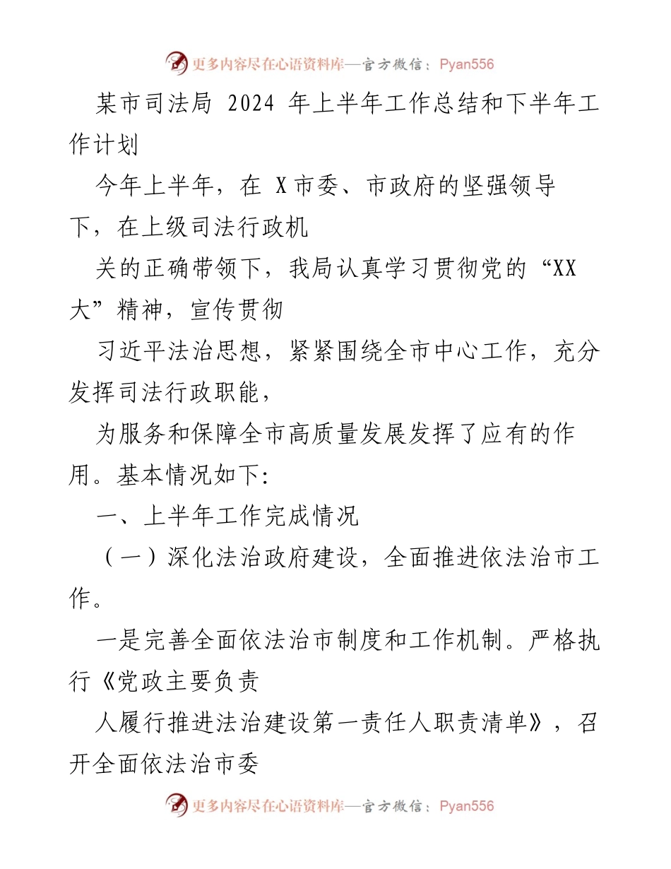 [工作总结] 司法局 - 2024年上半年工作总结及下半年工作计划_1.docx_第1页
