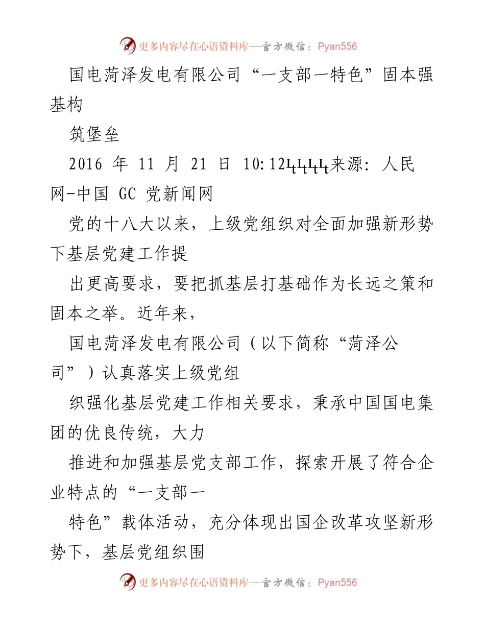 [工作总结] 基层党建 - 国电菏泽公司“一支部一特色”党建活动总结.docx_第1页