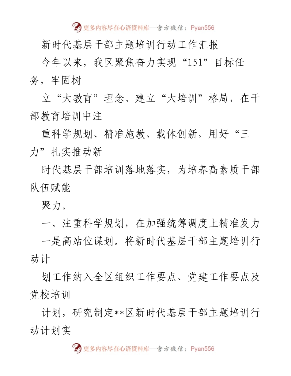[工作总结] 基层干部培训 - 新时代基层干部培训行动工作汇报.docx_第1页
