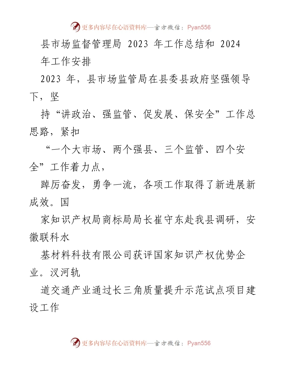 [工作总结] 县市场监督管理局 - 2023年工作总结与2024年工作安排_1.docx_第1页