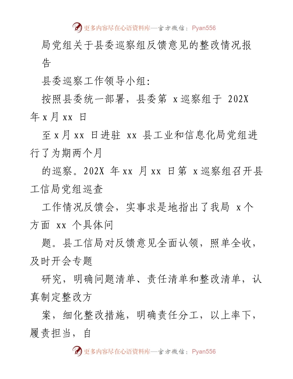 [工作总结] 县委巡察整改 - 县工信局党组巡察反馈意见整改情况总结报告.docx_第1页