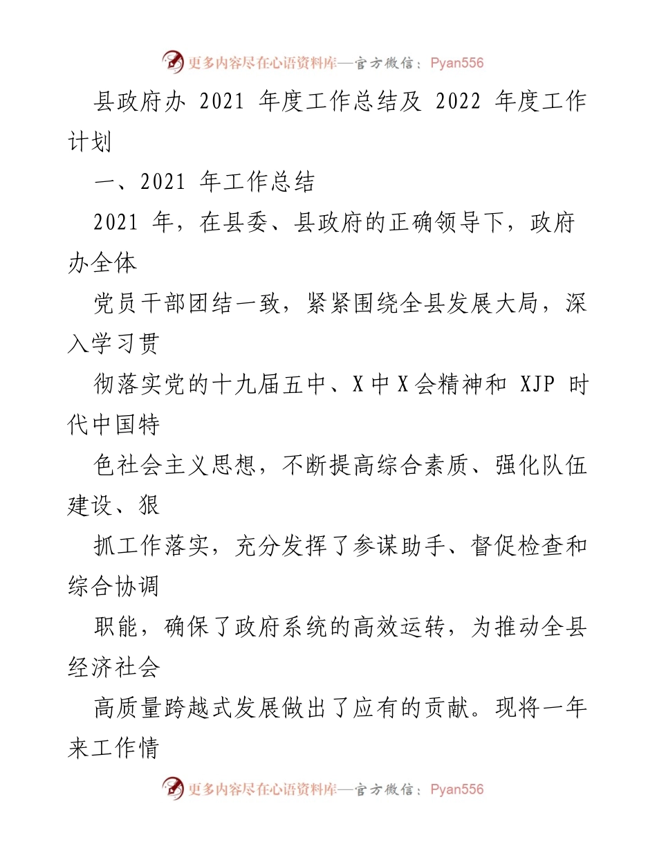 [工作总结] 县政府办 - 2021年度工作总结与2022年度工作计划.docx_第1页