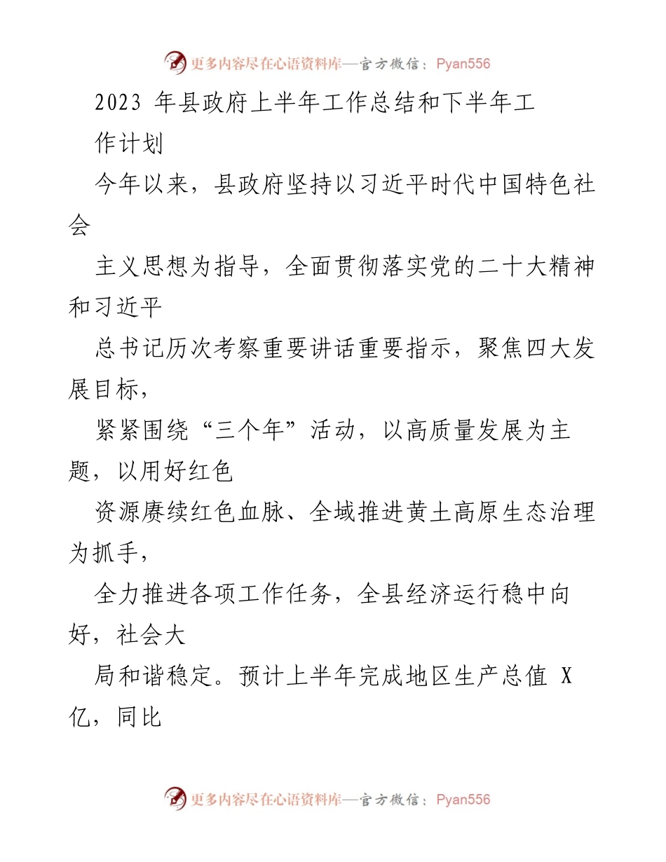 [工作总结] 县政府 - 2023年上半年工作总结与下半年工作计划.docx_第1页