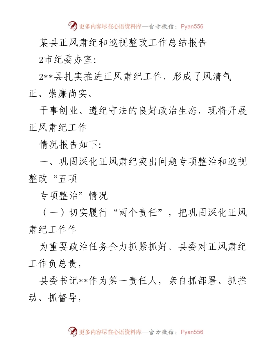 [工作总结] 县级纪委 - 某县正风肃纪与巡视整改工作总结报告.docx_第1页
