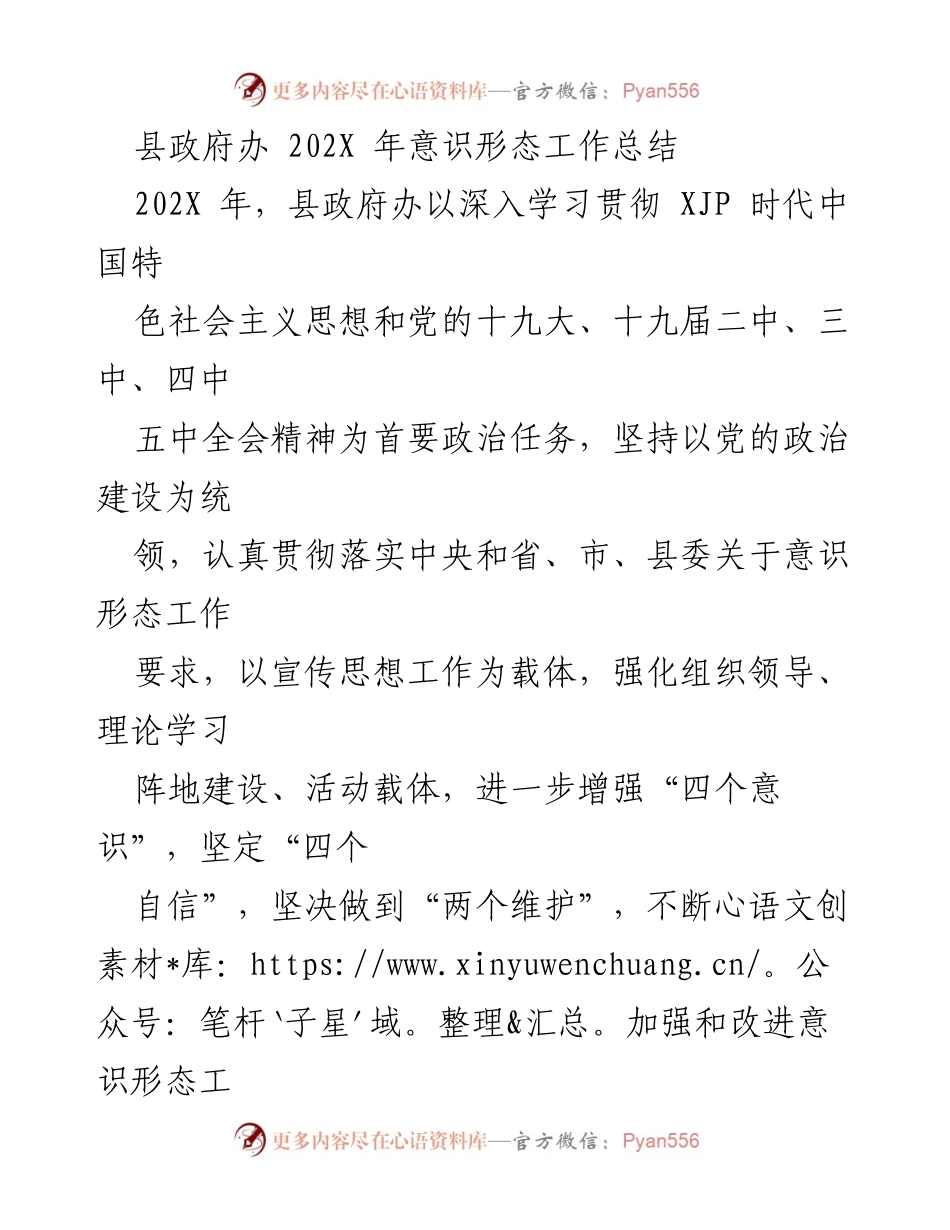 [工作总结] 县政府办 - 202X年意识形态工作总结报告.docx_第1页