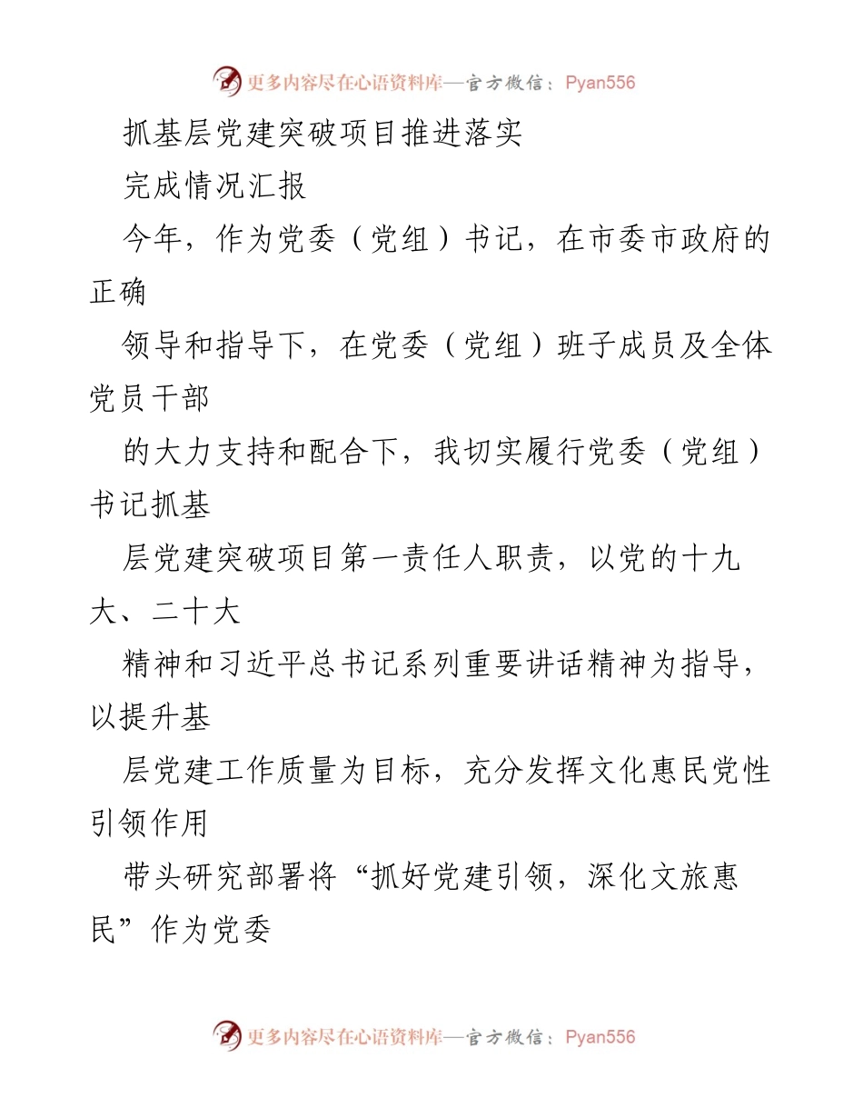 [工作总结] 基层党建项目推进 - 基层党建突破项目落实情况汇报.docx_第1页