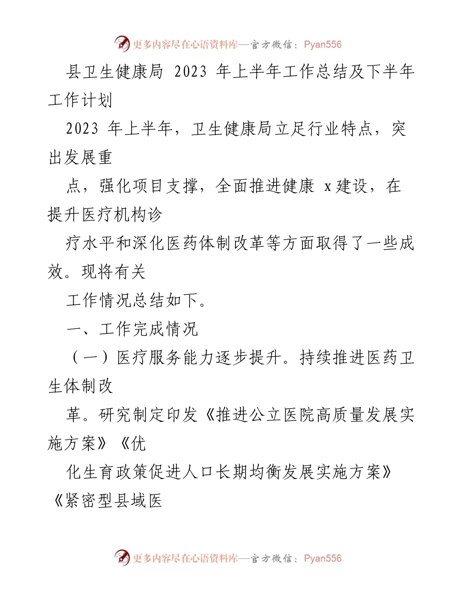 [工作总结] 卫生健康局 - 2023年上半年工作总结及下半年工作计划_1.docx_第1页