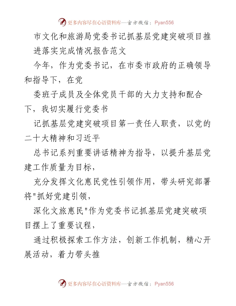 [工作总结] 基层党建工作 - 基层党建突破项目推进落实情况报告.docx_第1页