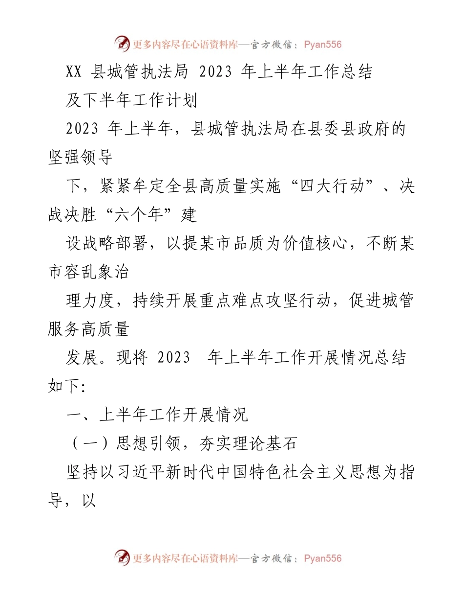 [工作总结] 县城管执法局 - 2023年上半年工作总结与下半年计划.docx_第1页