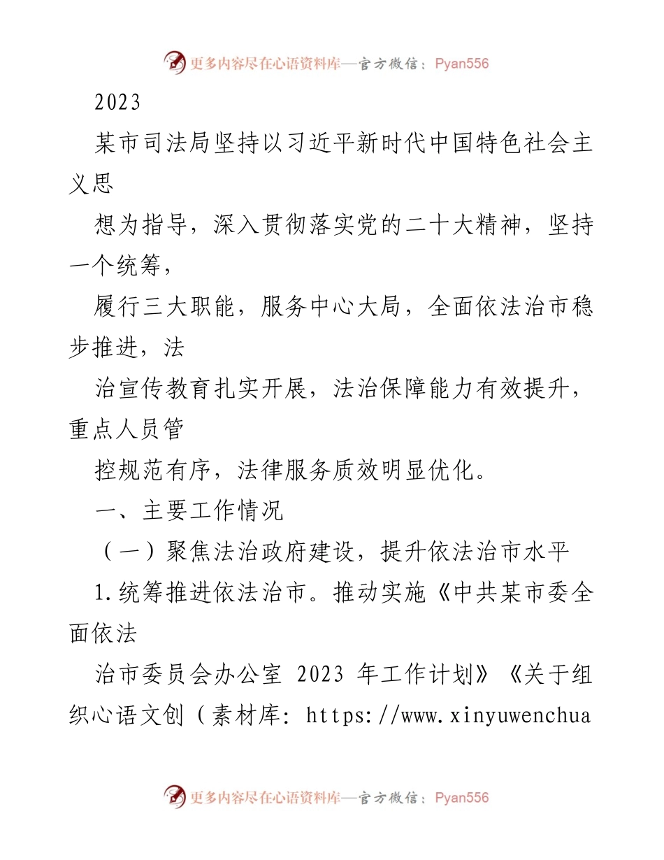 [工作总结] 司法局年度工作汇报 - 2023年某市司法局法治建设工作总结.docx_第1页