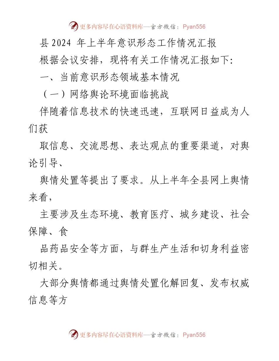 [工作总结] 县级会议 - 2024年上半年意识形态工作情况汇报.docx_第1页