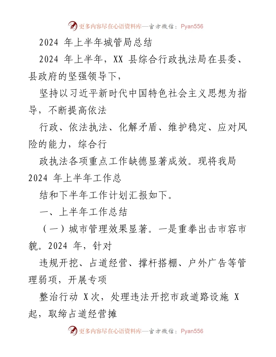 [工作总结] 城管局 - 2024年上半年城管局工作总结与下半年计划.docx_第1页
