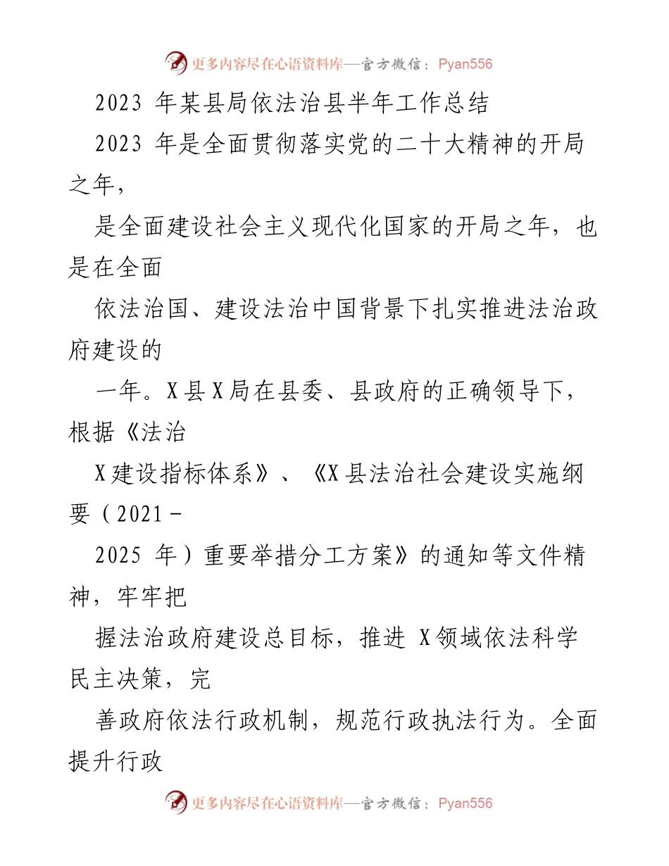 [工作总结] 半年工作总结 - 2023年某县局法治政府建设半年工作总结.docx_第1页
