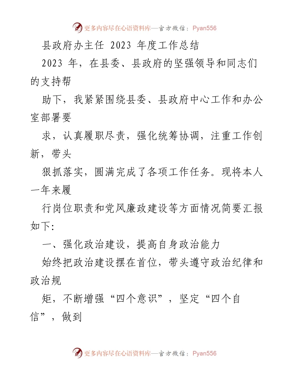 [工作总结] 县政府办 - 2023年度工作总结与履职情况报告.docx_第1页