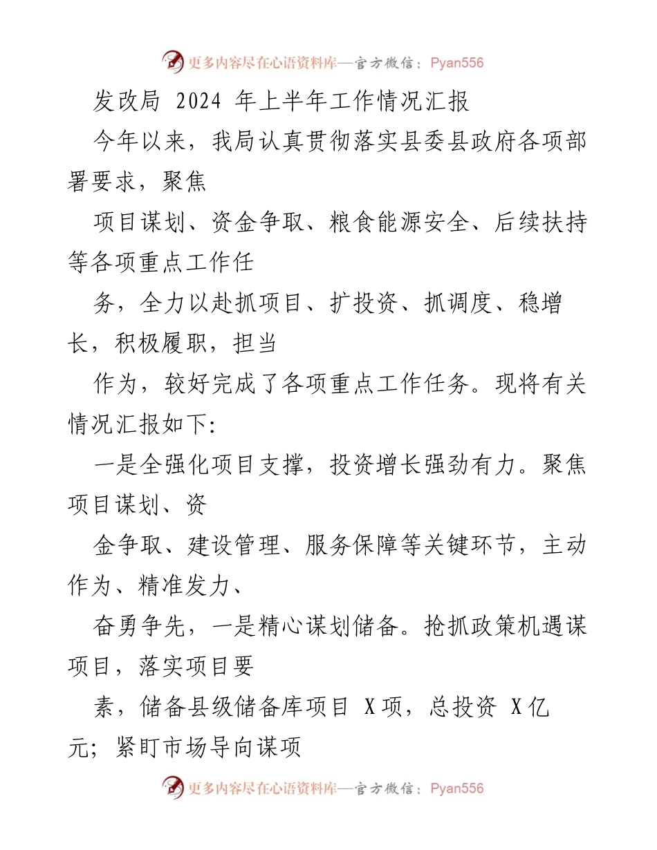 [工作总结] 发改局2024年上半年 - 发改局2024年上半年工作情况汇报.docx_第1页