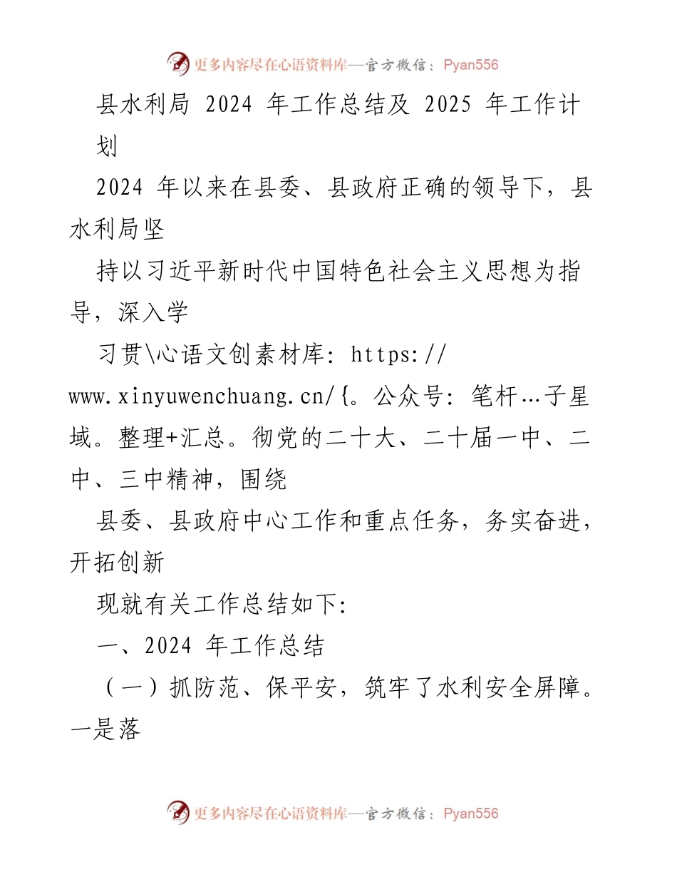 [工作总结] 县水利局 - 2024年工作总结与2025年工作计划.docx_第1页