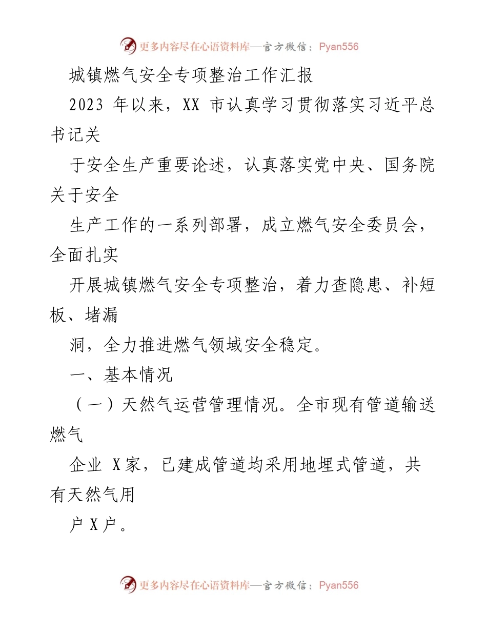 [工作总结] 城镇燃气安全专项整治 - XX市城镇燃气安全专项整治工作汇报.docx_第1页
