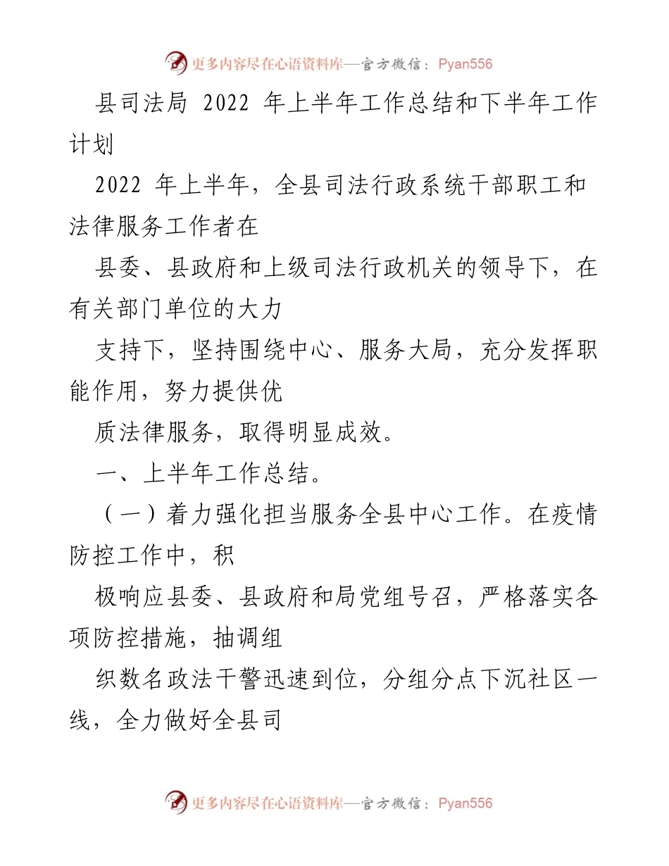 [工作总结] 县司法局 - 2022年上半年工作总结与下半年工作计划.docx_第1页