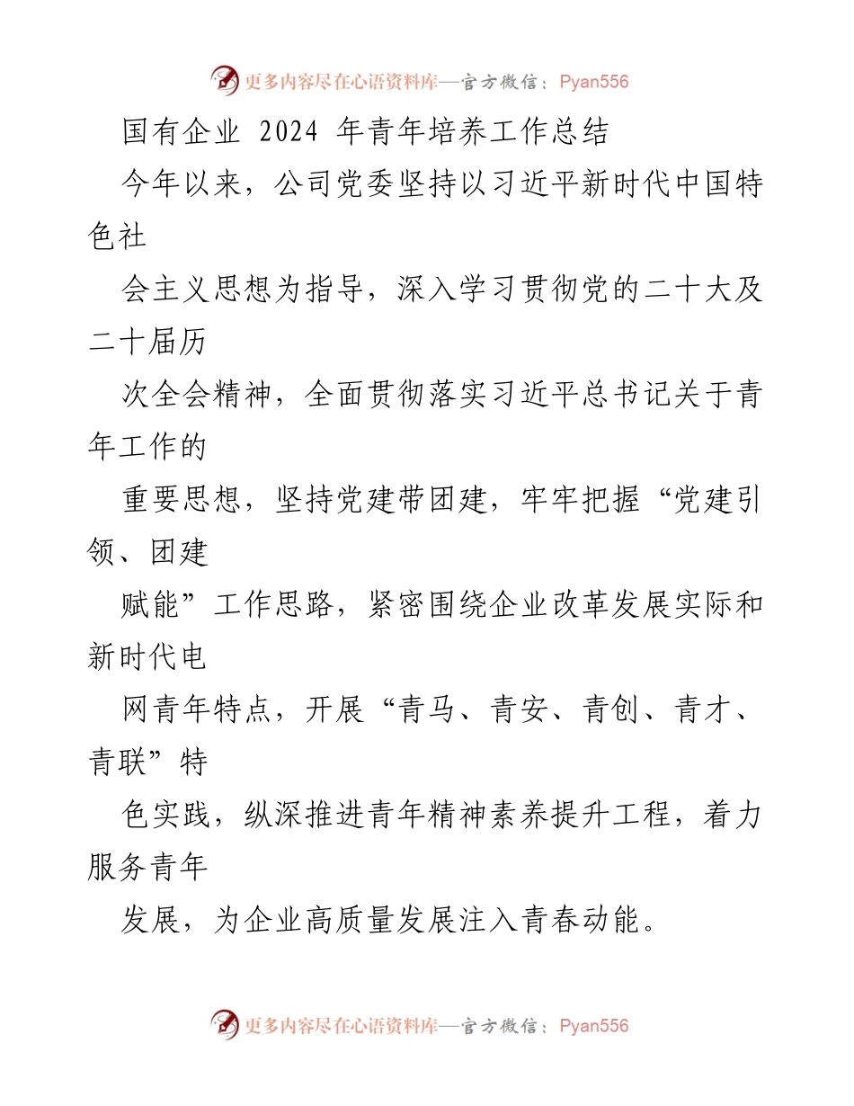 [工作总结] 国有企业青年培养 - 2024年国有企业青年培养工作总结.docx_第1页