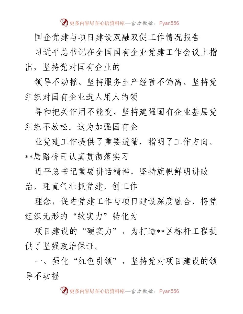 [工作总结] 国企党建与项目建设 - 党建引领项目建设：提升国企发展质量与社会效益.docx_第1页