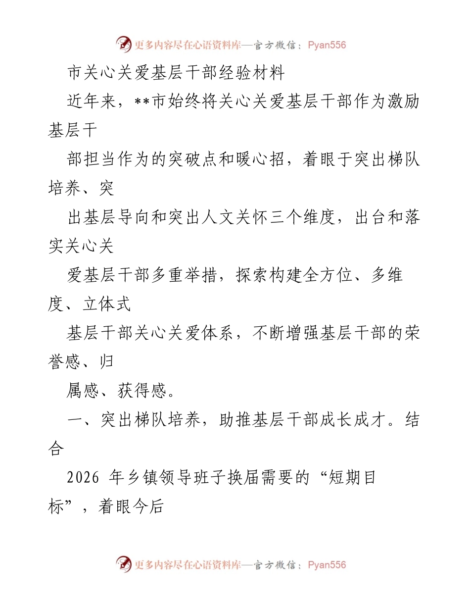 [工作总结] 基层干部关爱 - 加强基层干部关爱体系的经验总结.docx_第1页