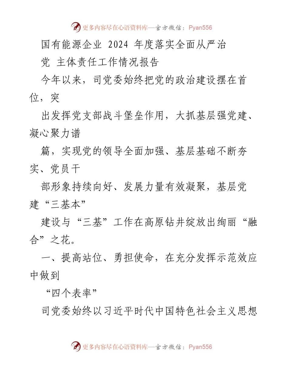 [工作总结] 国有能源企业 - 2024年度全面从严治党主体责任落实情况报告_1.docx_第1页