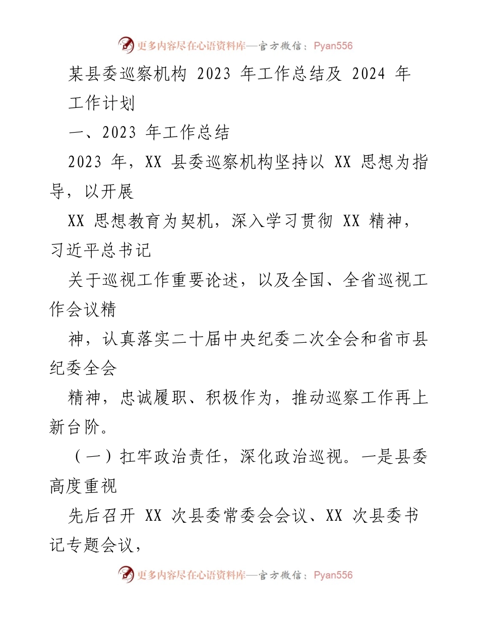 [工作总结] 县委巡察 - 2023年县委巡察工作总结与2024年工作计划.docx_第1页