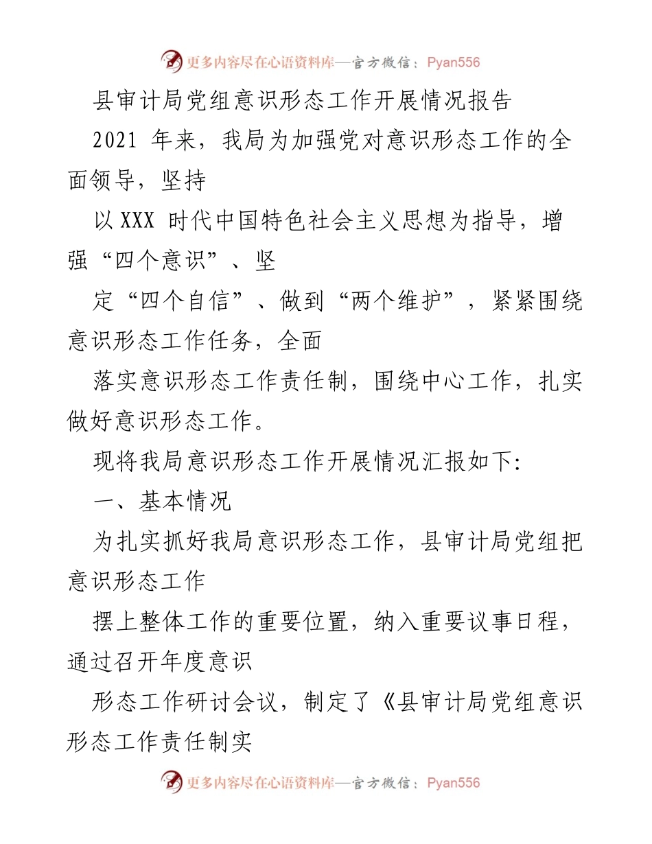 [工作总结] 县审计局 - 意识形态工作开展情况报告.docx_第1页
