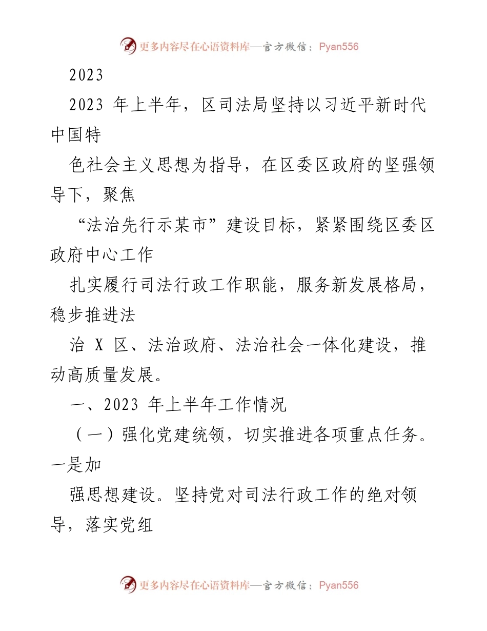 [工作总结] 司法局 - 2023年上半年司法局工作总结与法治建设进展报告.docx_第1页