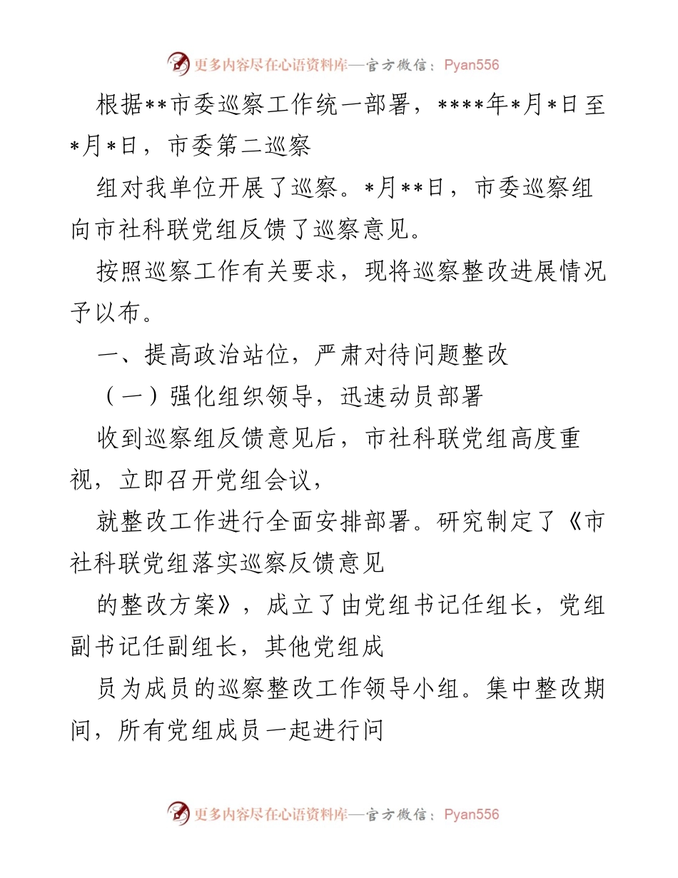 [工作总结] 巡察整改 - 市社科联巡察整改工作总结报告.docx_第1页