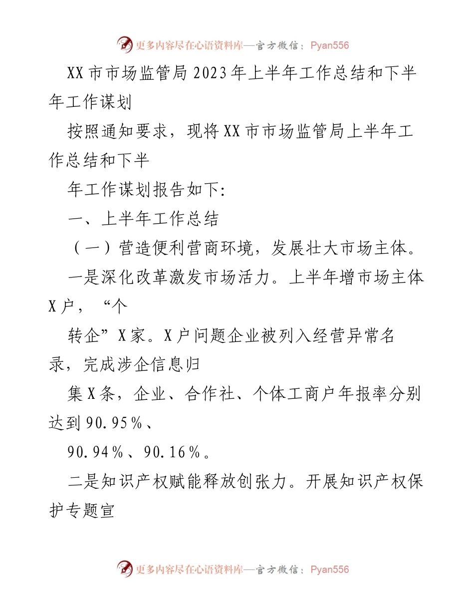 [工作总结] 市场监管局 - 2023年上半年工作总结与下半年谋划报告.docx_第1页