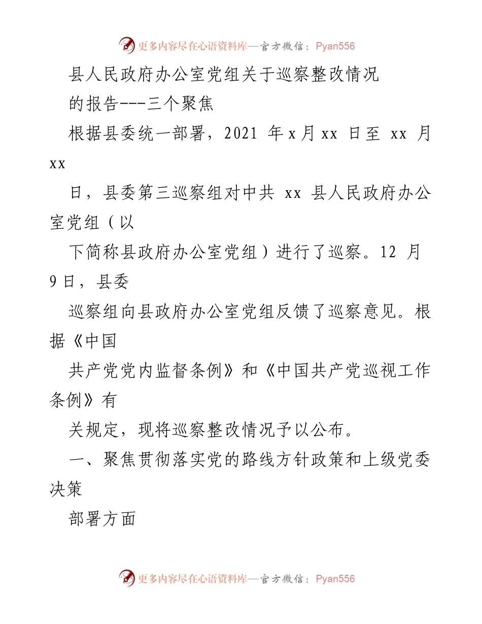 [工作总结] 巡察整改 - 县政府办公室党组巡察整改情况报告.docx_第1页