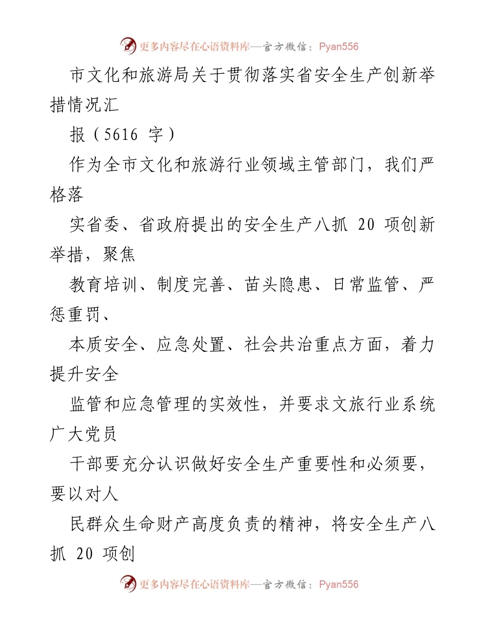 [工作总结] 安全生产工作会议 - 市文化和旅游局贯彻落实安全生产创新举措情况汇报.docx_第1页