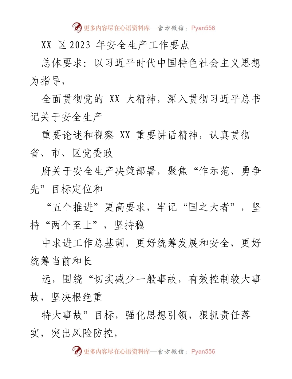 [工作总结] 安全生产工作 - 2023年XX区安全生产工作要点总结.docx_第1页