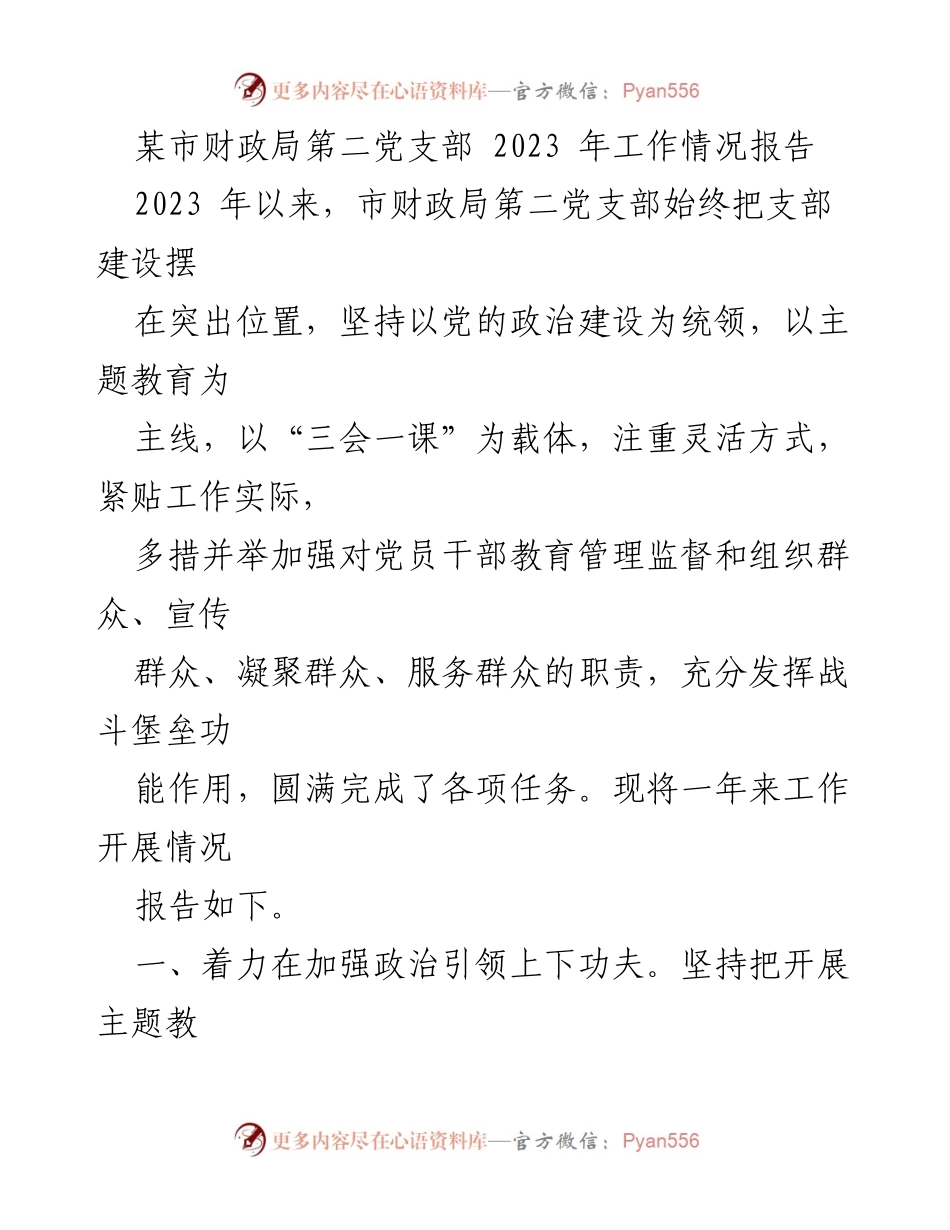 [工作总结] 市财政局第二党支部 - 2023年工作情况报告.docx_第1页