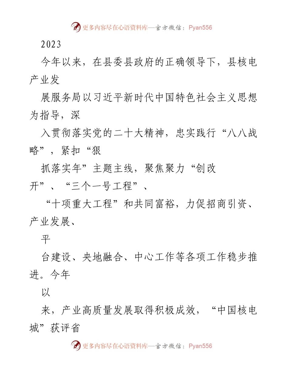 [工作总结] 年度工作总结 - 2023年度县核电产业发展工作总结与成果汇报.docx_第1页