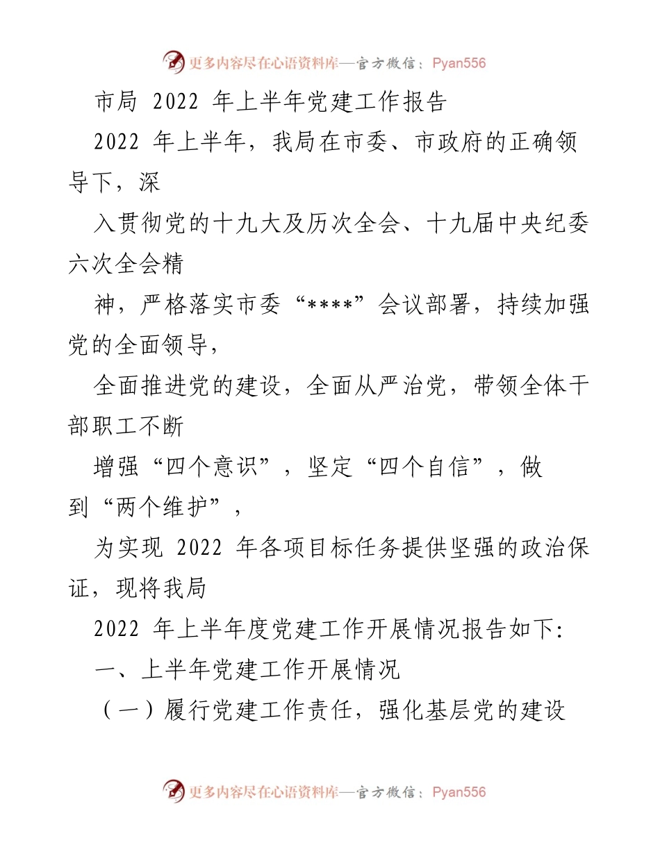 [工作总结] 市局 - 2022年上半年党建工作开展情况报告.docx_第1页