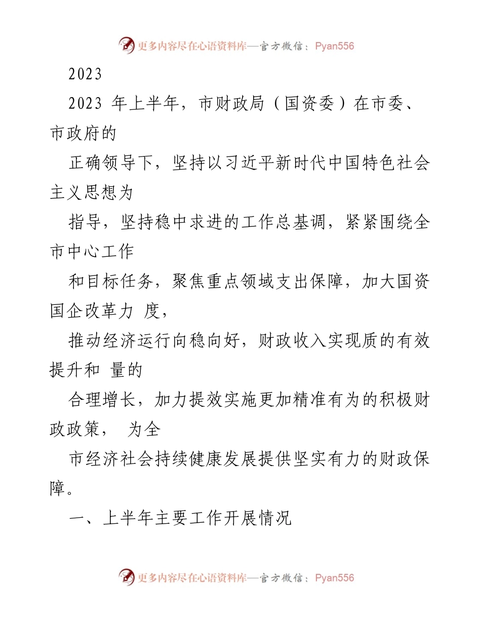 [工作总结] 市财政局（国资委） - 2023年上半年财政工作开展情况总结.docx_第1页