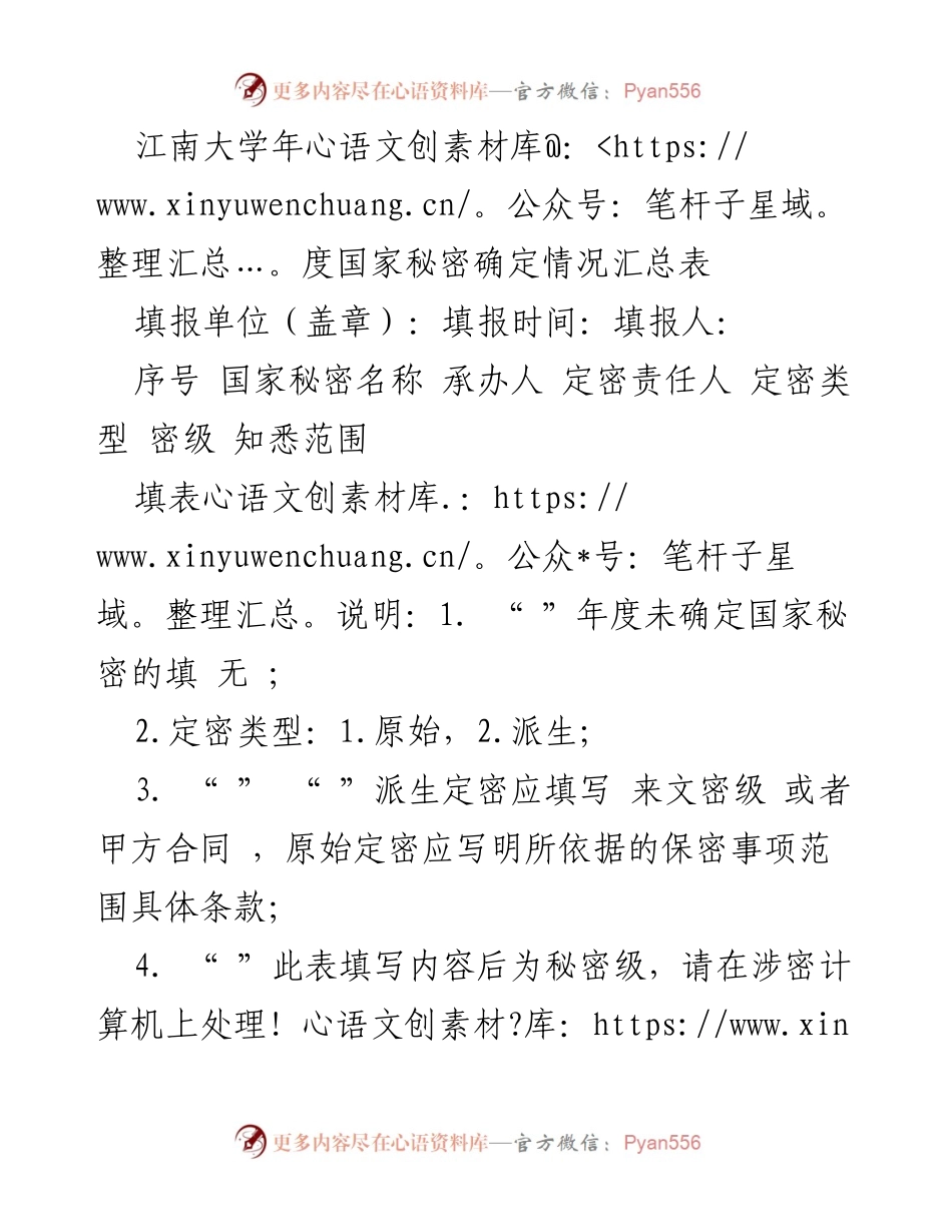 [工作总结] 年度国家秘密管理 - 江南大学年度国家秘密确定情况汇总表.docx_第1页