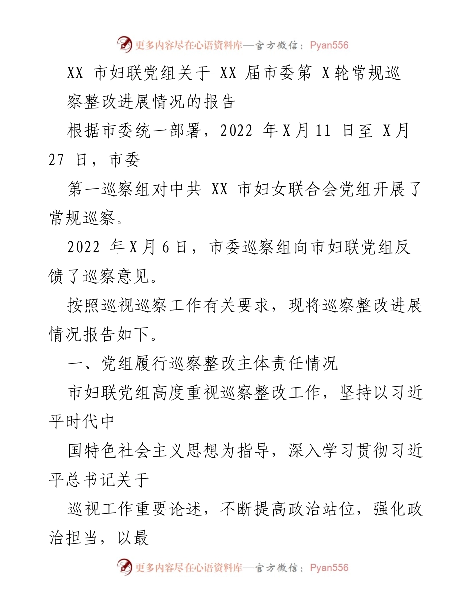 [工作总结] 巡察整改 - XX市妇联党组巡察整改进展情况报告.docx_第1页