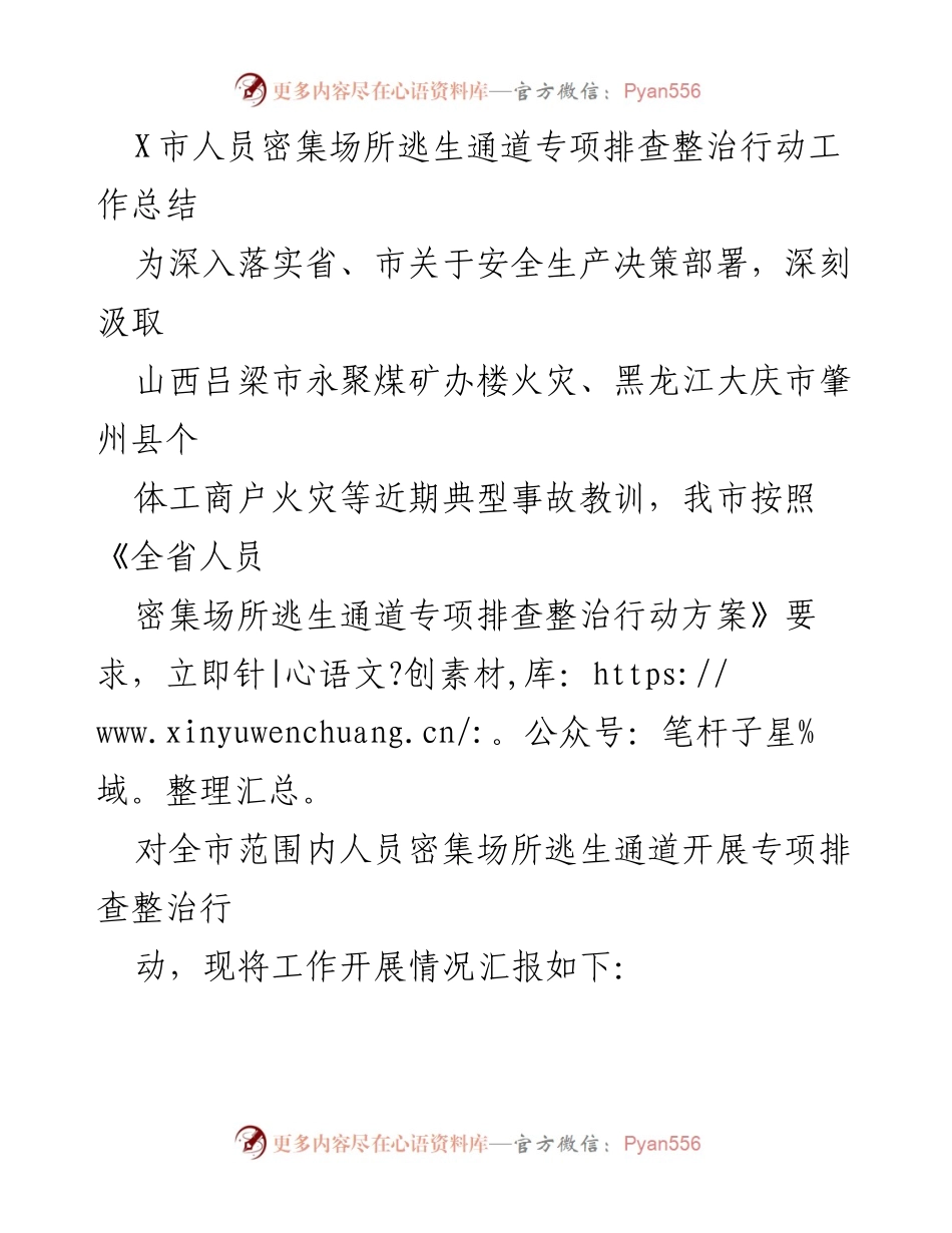 [工作总结] 安全生产 - X市人员密集场所逃生通道专项排查整治行动工作总结.docx_第1页