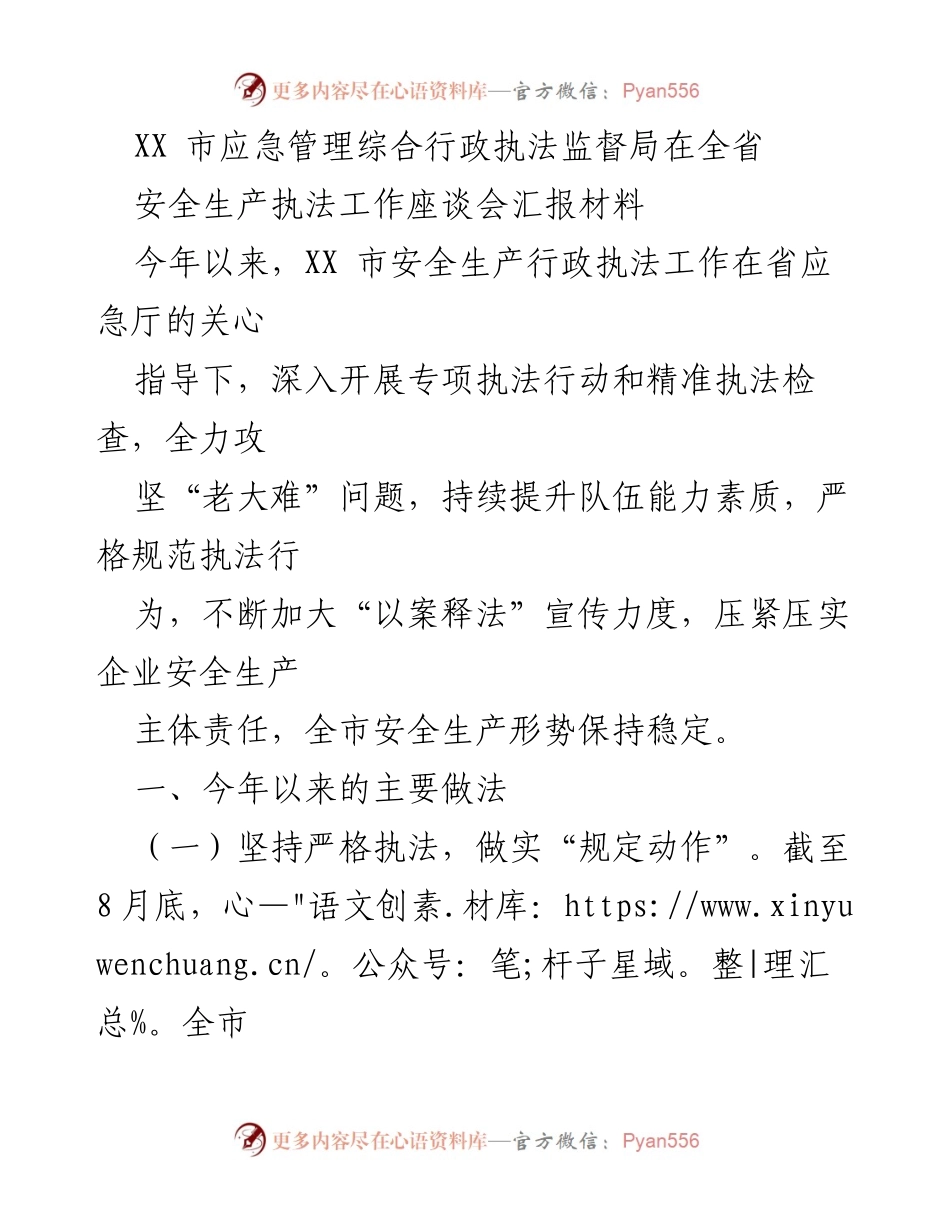 [工作总结] 安全生产执法工作座谈会 - XX市安全生产执法工作成效与措施汇报.docx_第1页