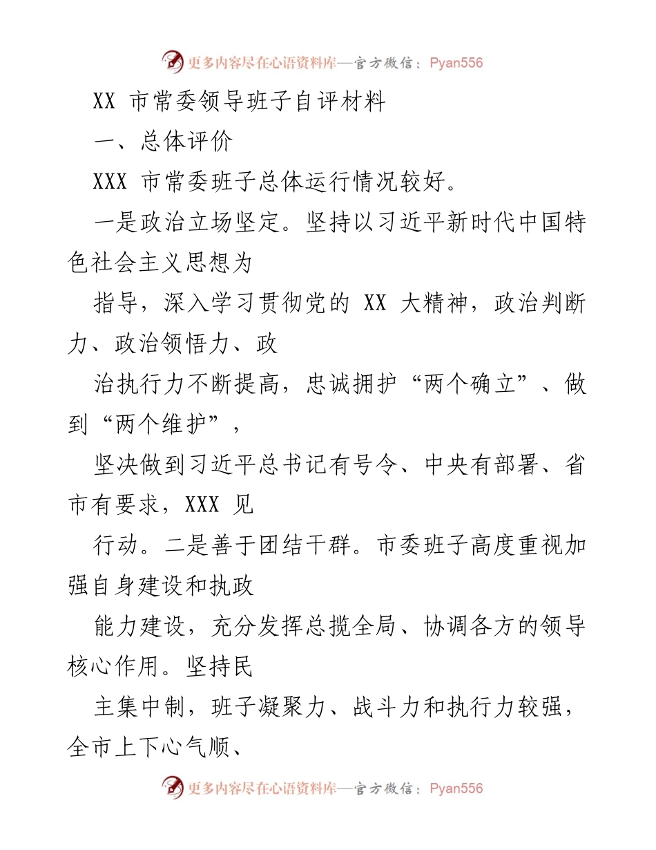 [工作总结] 市委常委班子自评 - XX市常委班子年度自评报告.docx_第1页