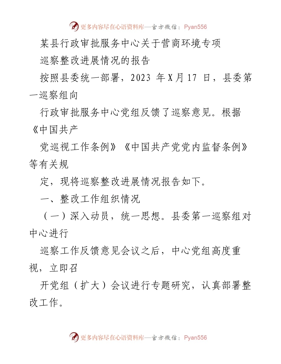 [工作总结] 巡察整改 - 某县行政审批服务中心营商环境专项巡察整改进展报告.docx_第1页