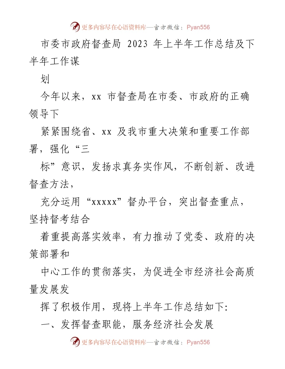 [工作总结] 市委市政府督查局 - 2023年上半年工作总结与下半年谋划_1.docx_第1页