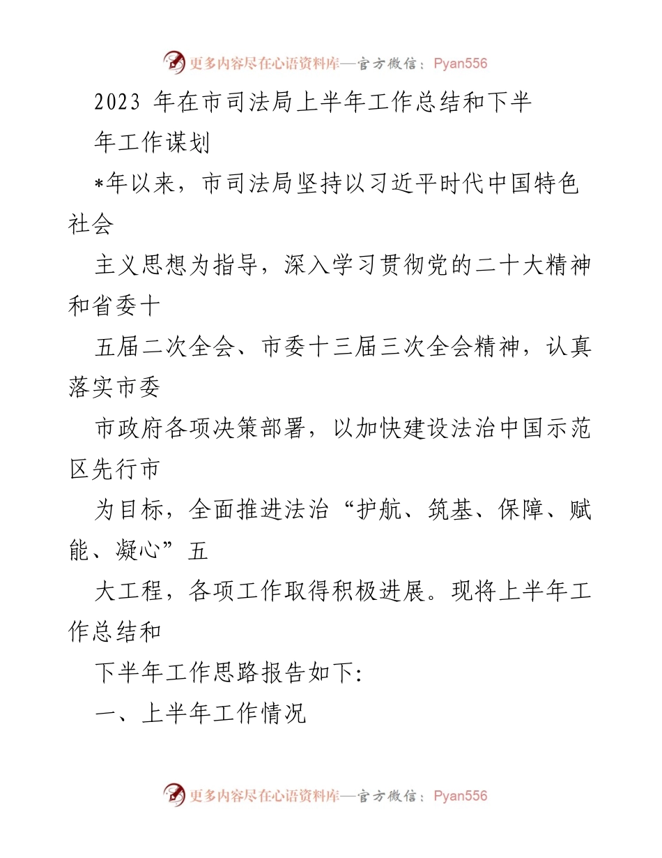 [工作总结] 市司法局 - 2023年上半年工作总结与下半年工作谋划.docx_第1页