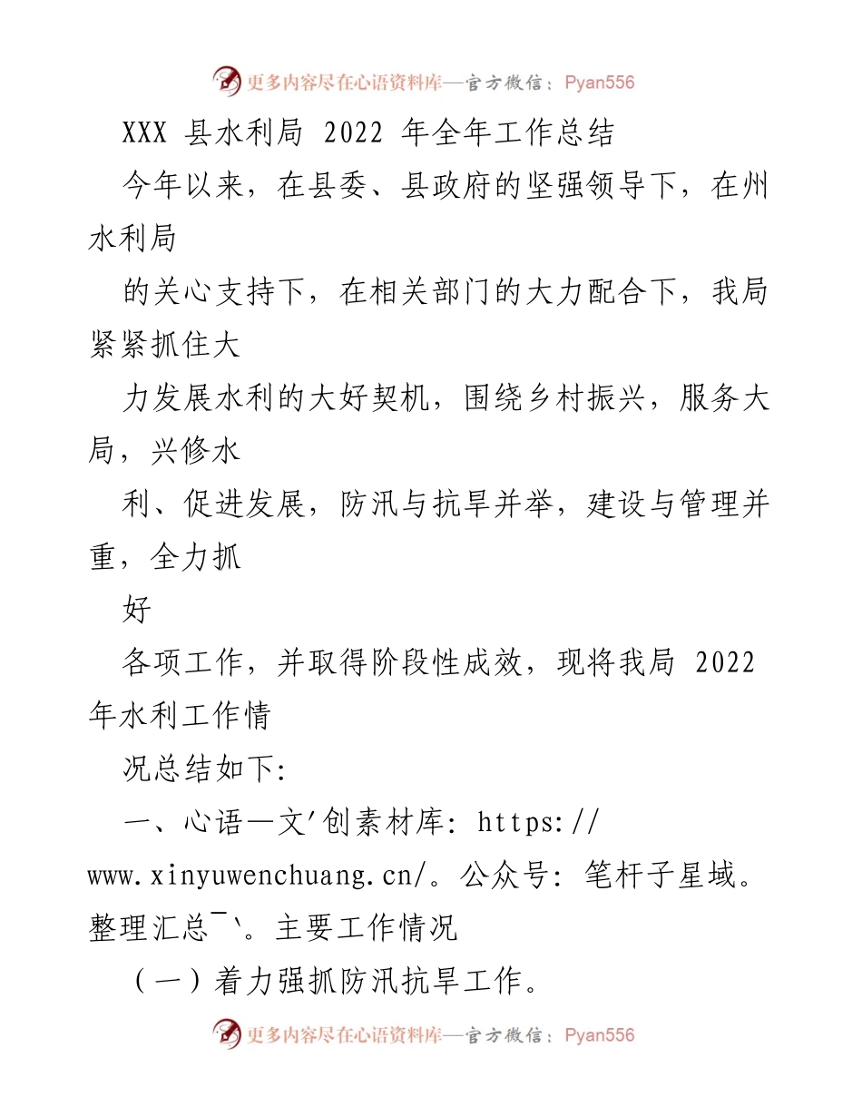 [工作总结] 年度总结 - XXX县水利局2022年工作总结报告.docx_第1页
