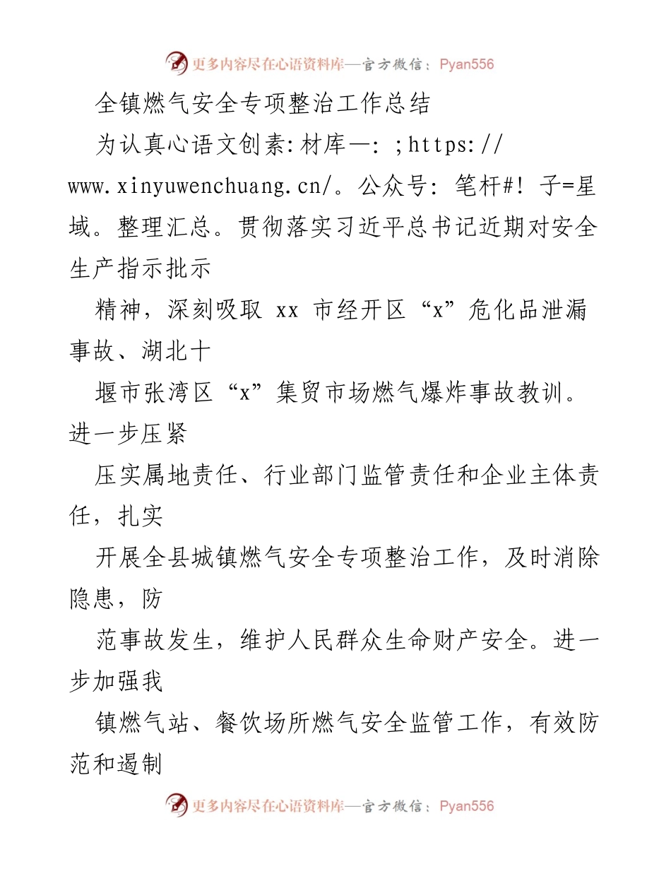 [工作总结] 安全整治 - 全镇燃气安全专项整治工作总结.docx_第1页