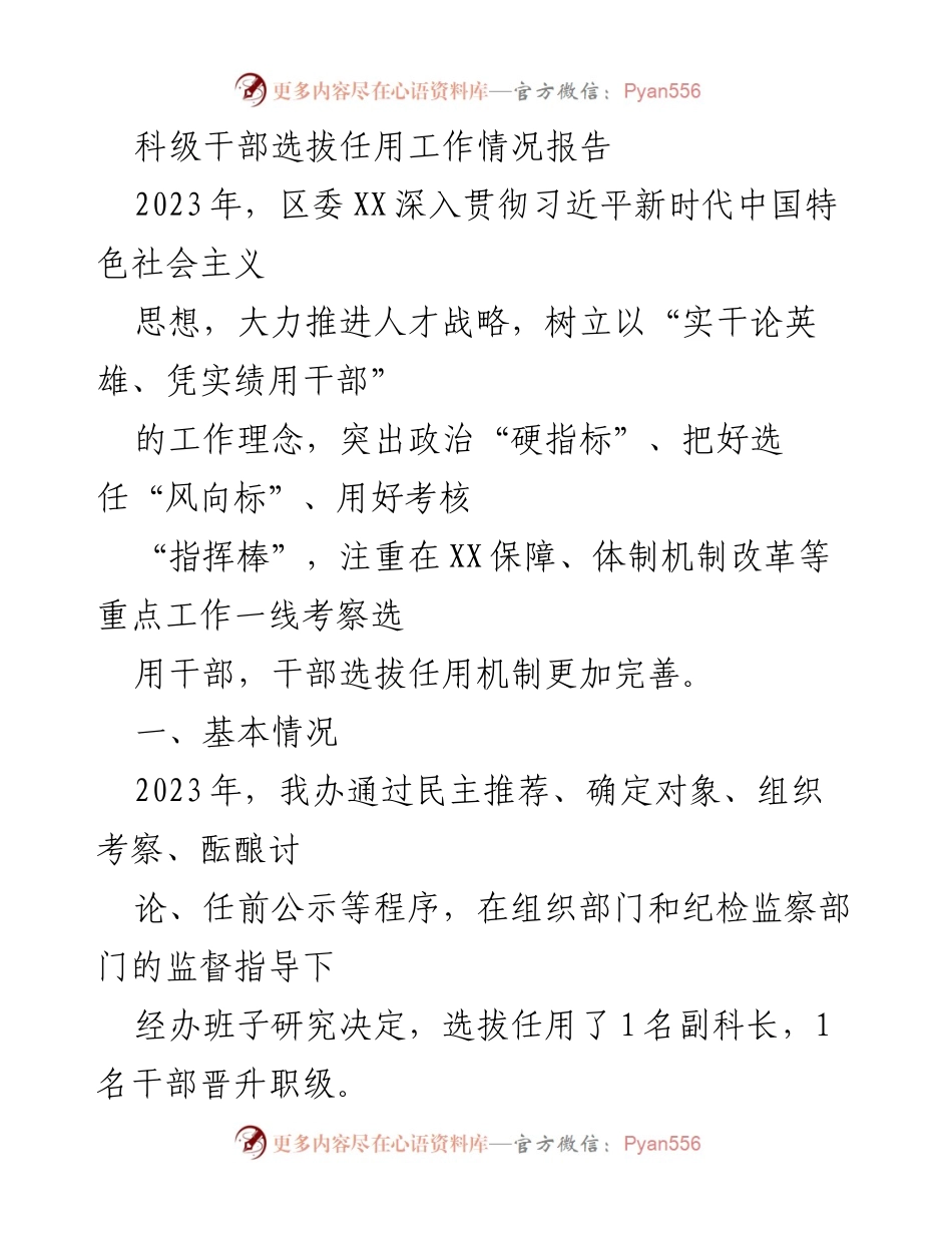 [工作总结] 干部选拔任用 - 2023年科级干部选拔任用工作情况总结报告.docx_第1页