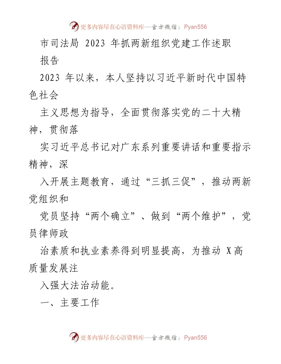 [工作总结] 市司法局 - 2023年两新组织党建工作述职报告.docx_第1页